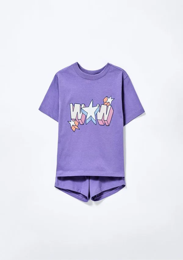 Pijama Infantil Menina Curto Com Estampa - Roxo 012