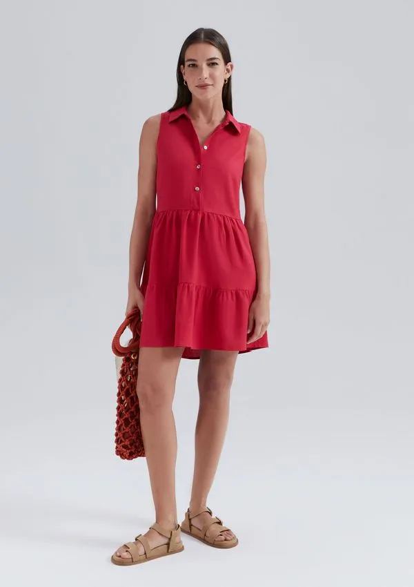Vestido Curto Evasê Com Botões E Recortes - Vermelho XP