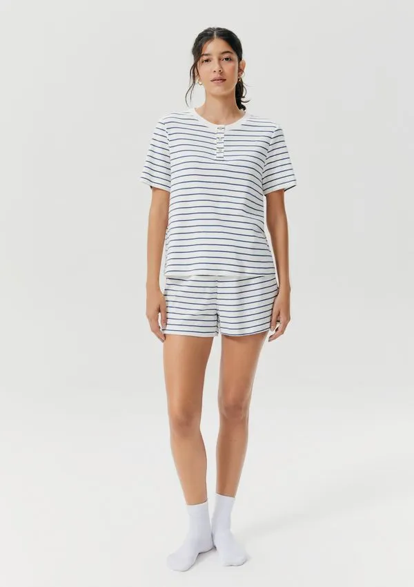Pijama Curto Feminino Comfort Listrado Decote Henley - Azul G