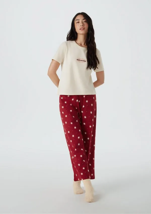 Pijama Longo Feminino Estampado Pantacourt - Creme M