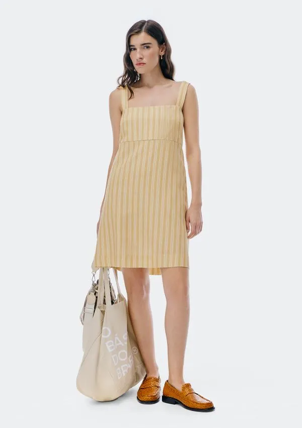 Vestido Curto Fio Tinto Decote Reto - Bege XP