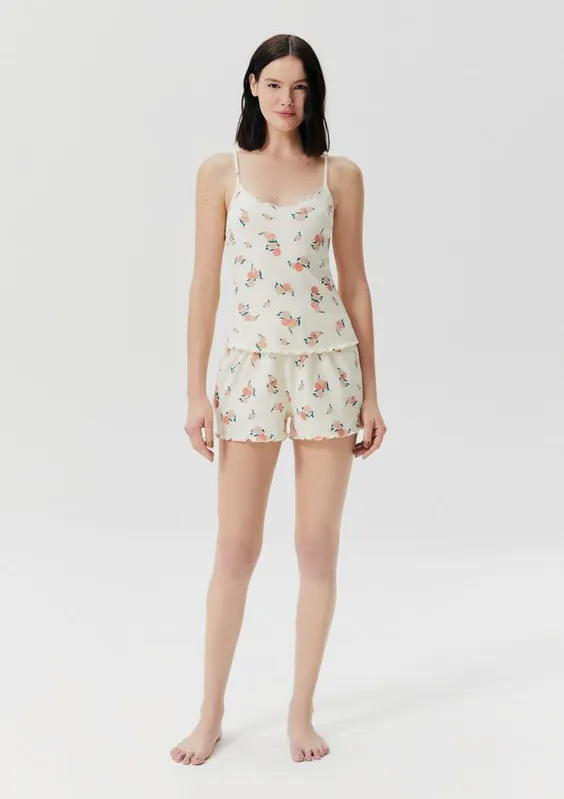 Pijama Curto Feminino Estampado Em Ribana - Off white XP