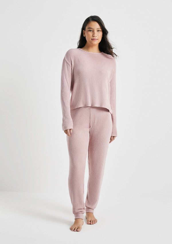 Pijama Longo Feminino Em Tricô Canelado - Rosa M