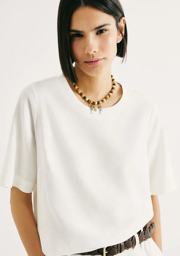 Blusa Feminina Manga Média Com Linho - Off white G
