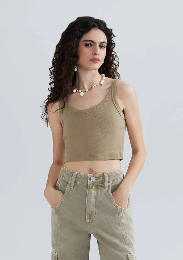 Regata Básica Feminina Cropped Em Ribana Canelada - Caqui P
