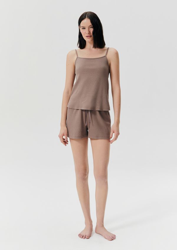 Pijama Curto Feminino Em Ribana Com Linho - Marrom M