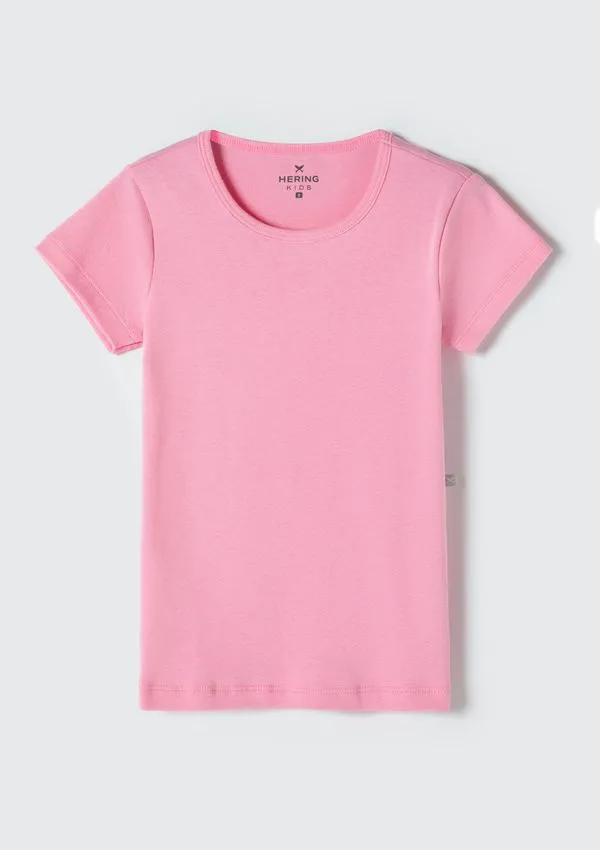 Blusa Básica Infantil Menina Manga Curta Slim Em Ribana - Rosa 002