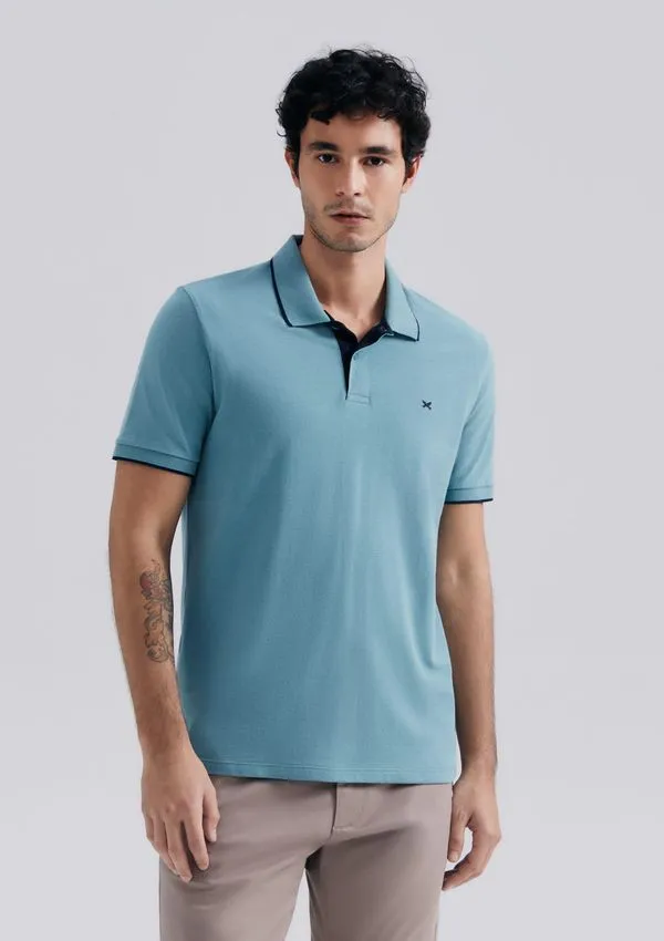 Camisa Polo Básica Masculina Em Piquet Com Bordado - Azul XG