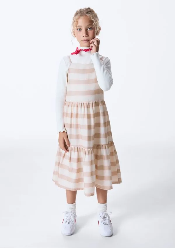 Vestido Infantil Midi Fio Tinto Listrado - Bege 005