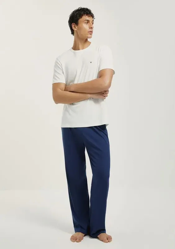 Pijama Longo Masculino Manga Curta Com Bordado - Azul XXG