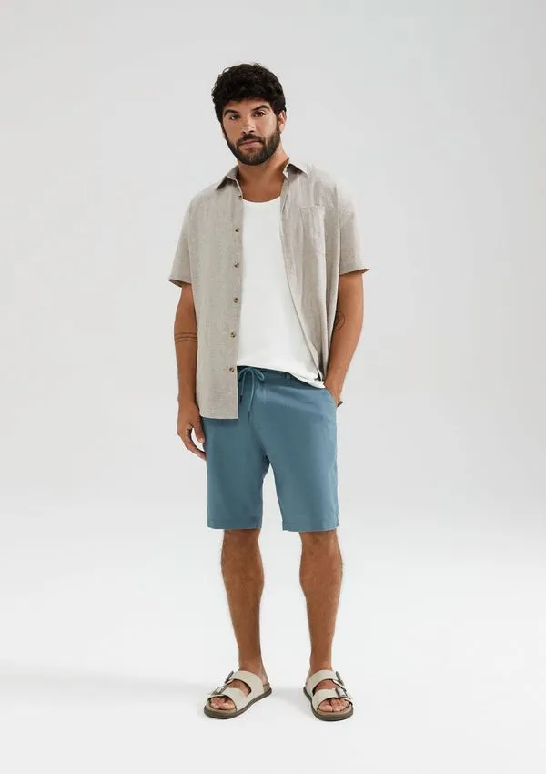 Bermuda Básica Masculina Chino Em Linho - Azul 048