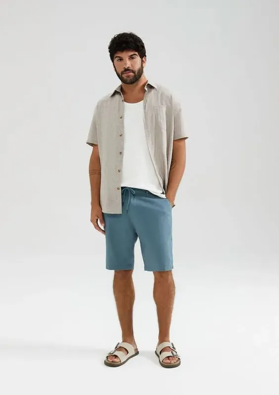 Bermuda Básica Masculina Chino Em Linho - Azul 038