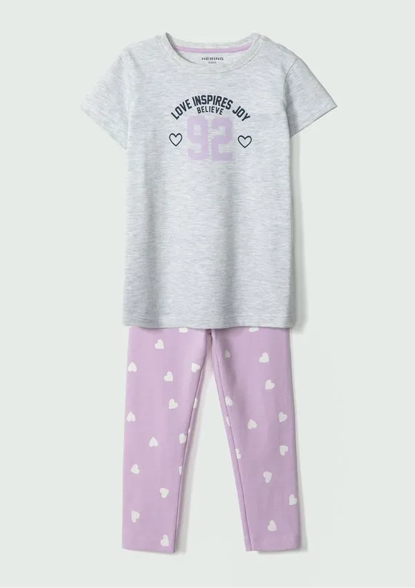 Conjunto Infantil Menina Camisa Manga Curta Com Calça Estampada - Cinza 010