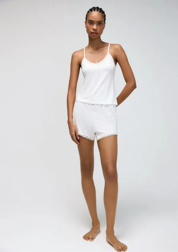 Pijama Curto Feminino Com Renda - Off white P