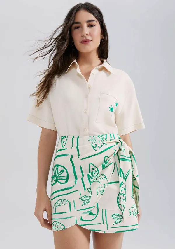 Saia Pareô Cintura Alta Estampada - Verde 040