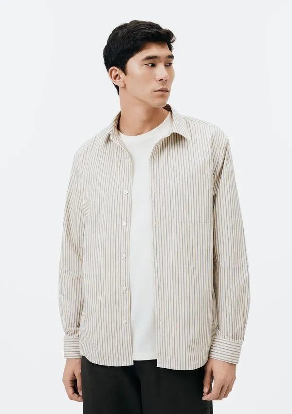 Camisa Masculina Regular em Fio Tinto Listrado - Off white G