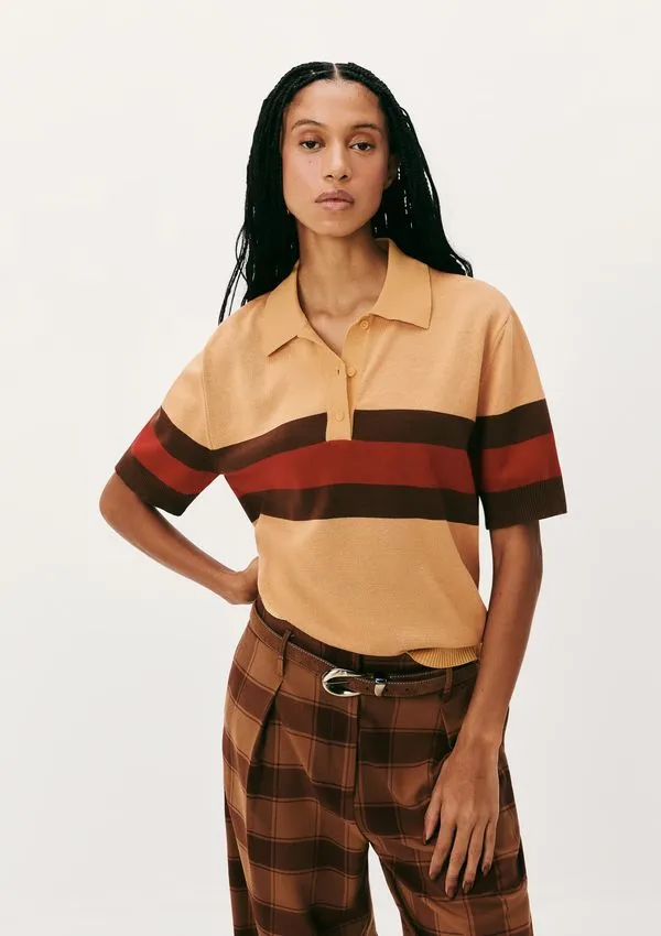 Blusa Polo Feminina Listrada Em Tricô - Bege G