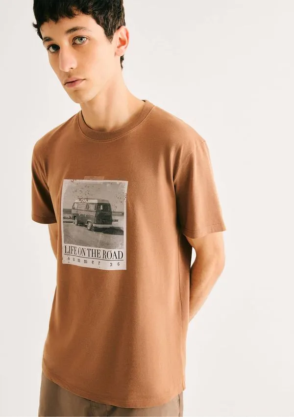 Camiseta Masculina Manga Curta Com Estampa - Marrom G