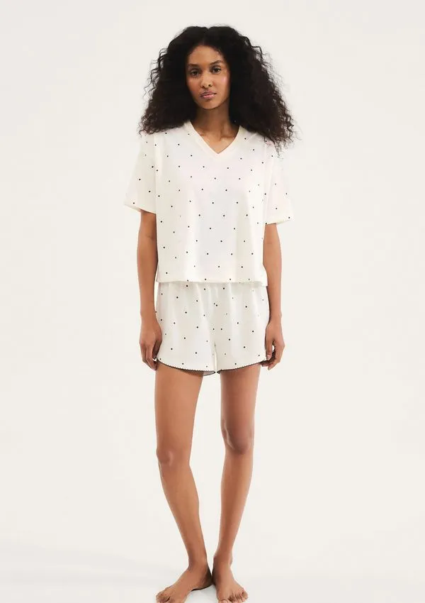 Pijama Curto Feminino Estampado Decote V - Creme P