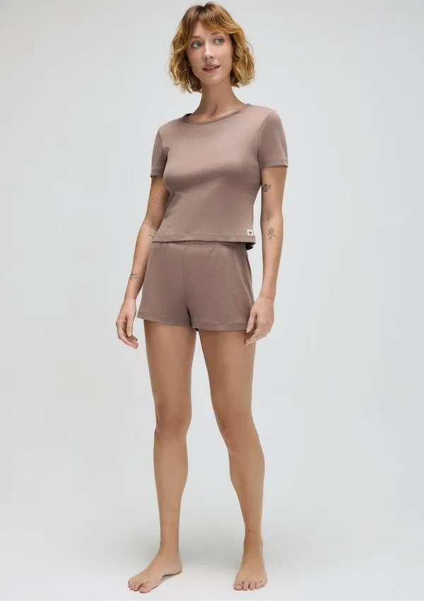 Pijama Curto Feminino Em Ribana Canelada - Marrom G