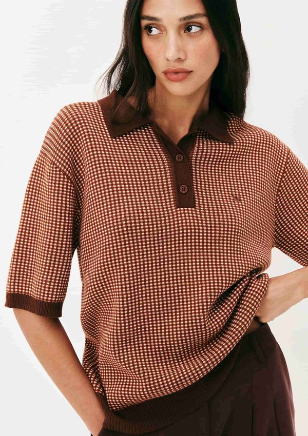 Blusa Polo Feminina Em Tricô Quadriculado - Marrom P