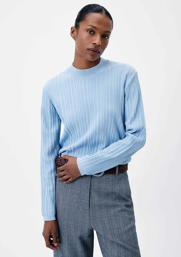 Blusa Feminina Manga Longa Em Tricô - Azul G