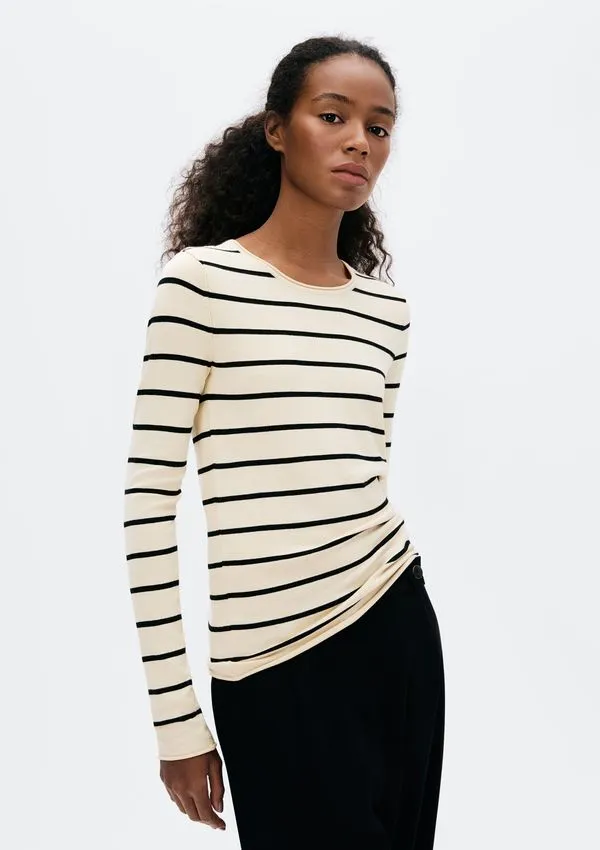 Blusa Feminina Manga Longa Slim Listrada Em Tricô - Off white M