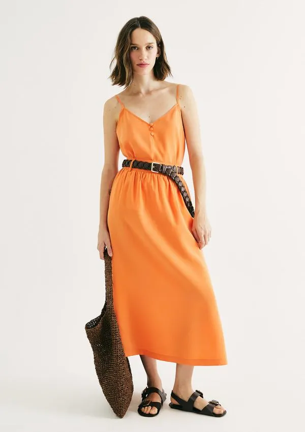 Saia Midi Cintura Média Em Peach Touch - Laranja 038