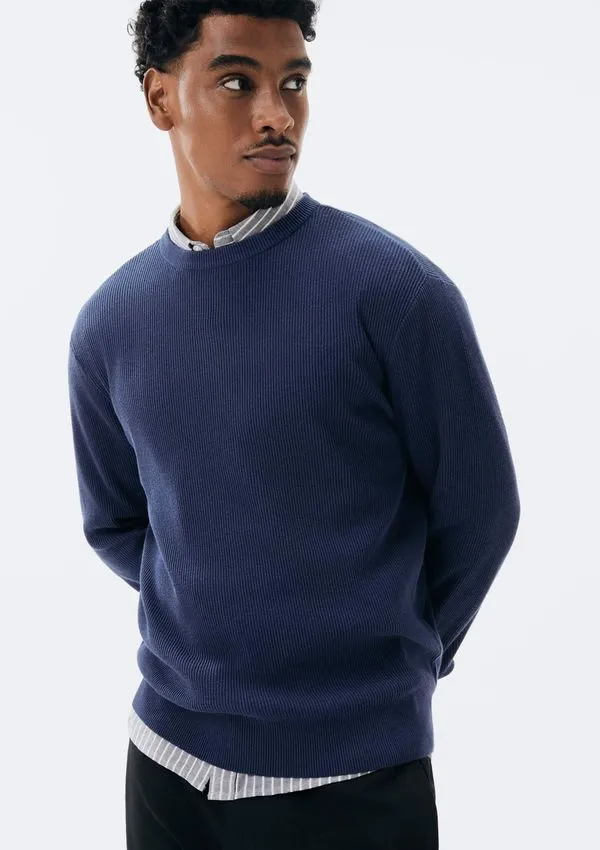 Blusão Masculino Regular em Tricô Canelado - Azul M