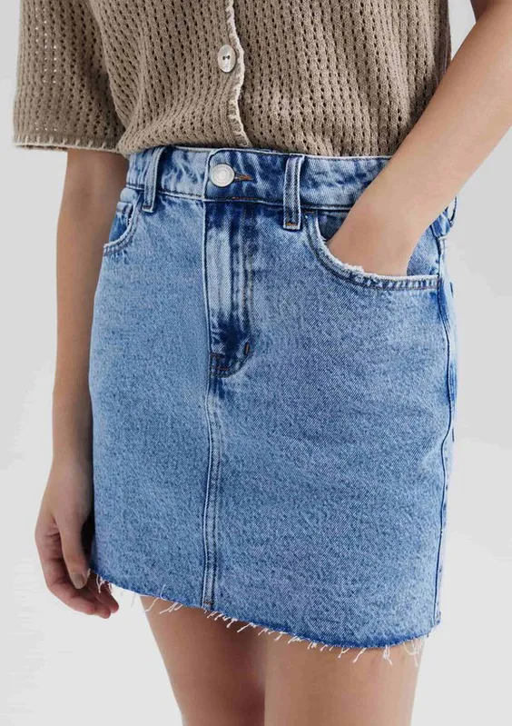 Saia Jeans Cintura Média Barra A Fio - Azul 046