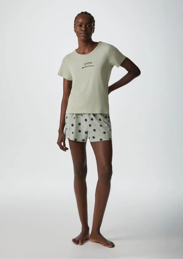 Pijama Curto Feminino Estampado - Verde P