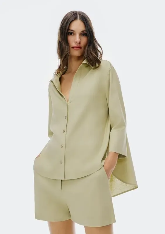 Camisa Feminina Manga 7/8 Com Linho - Verde G