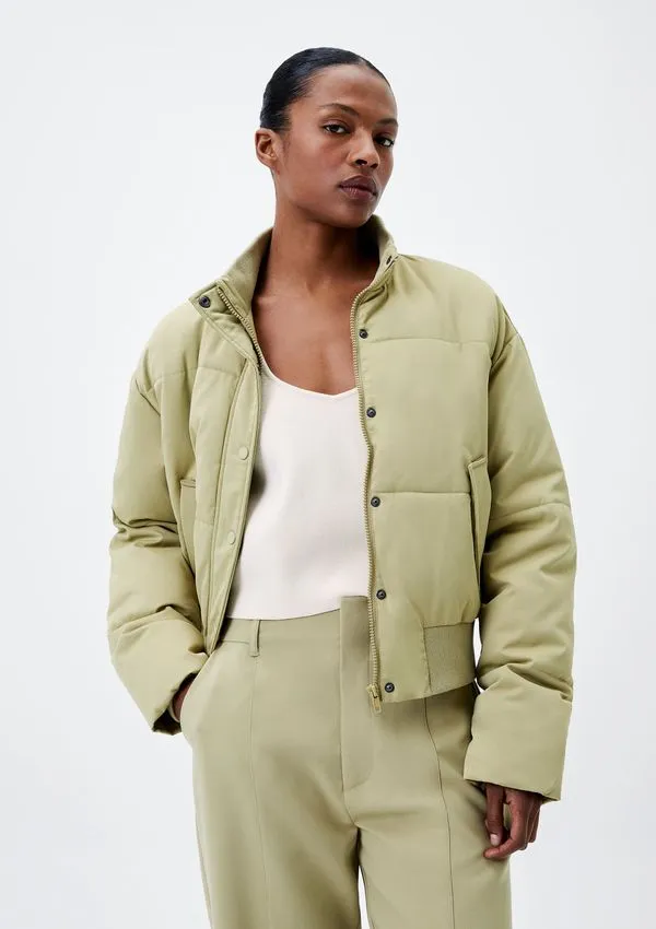Jaqueta Puffer Feminina de Nylon - Caqui G