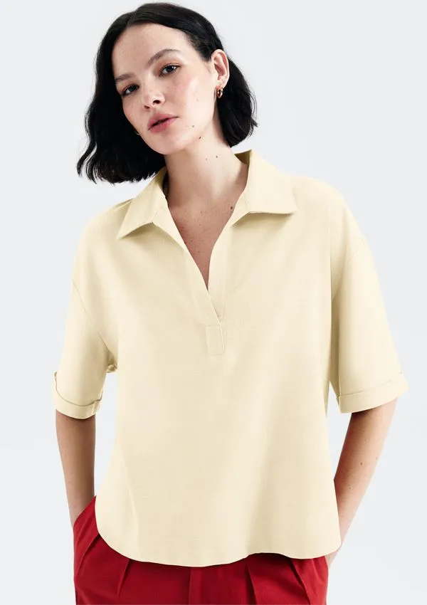 Camisa Polo Feminina Com Linho - Bege M