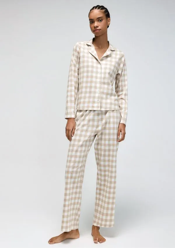 Pijama Longo Feminino Americano Estampado - Bege P