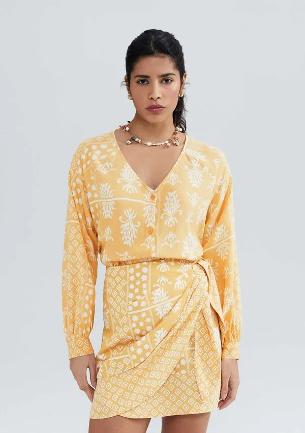 Blusa Feminina Manga Longa Estampada Em Viscolinho - Amarelo M