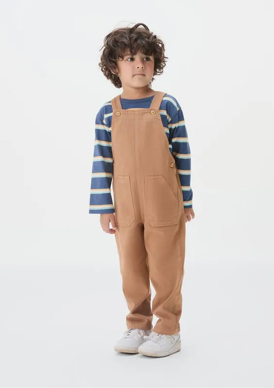 Jardineira Longa Infantil Menino Toddler Em Sarja - Marrom 003