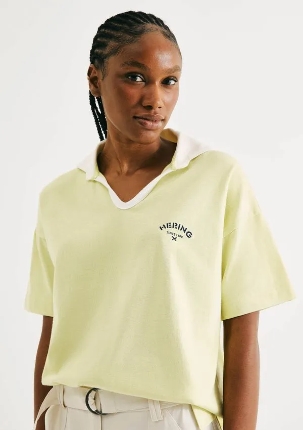 Camisa Polo Feminina Oversized Em Malha Binada - Amarelo XP