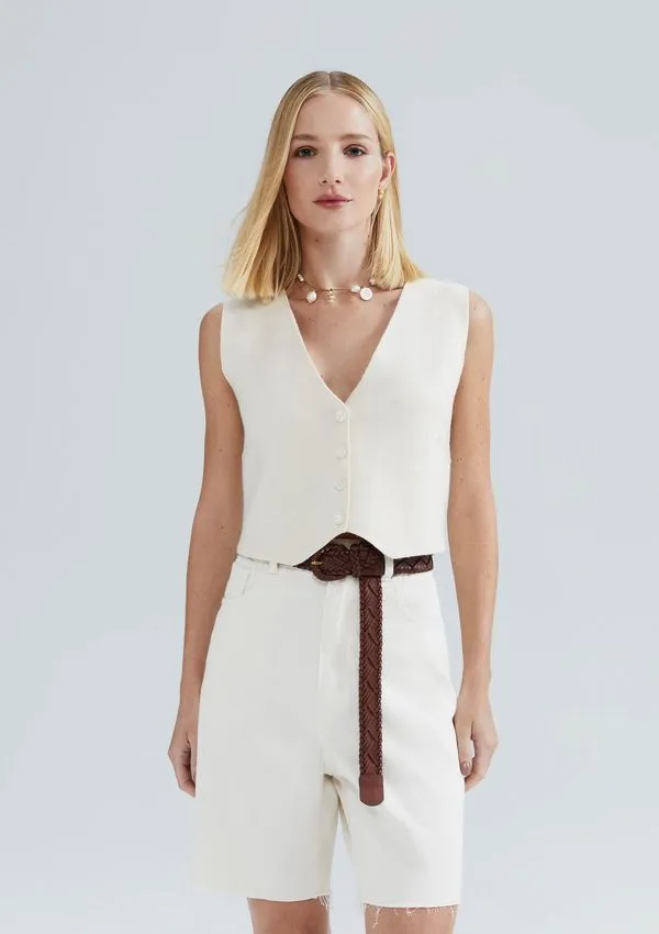 Colete Cropped Feminino Em Tricô Leve - Creme XG