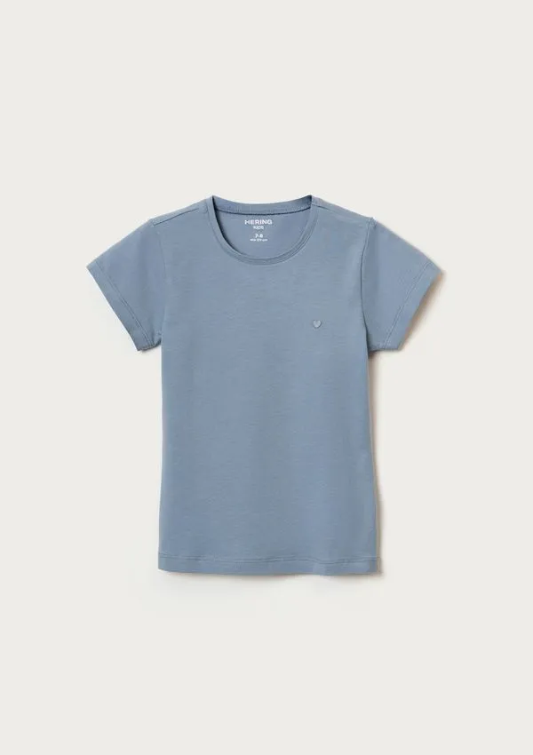 Blusa Básica Infantil Menina Manga Curta Slim Com Bordado Coração - Azul 006