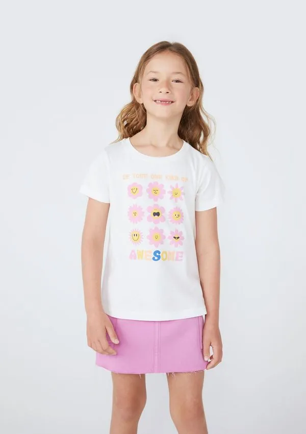 Blusa Infantil Menina Manga Curta Com Estampa - Off white 010