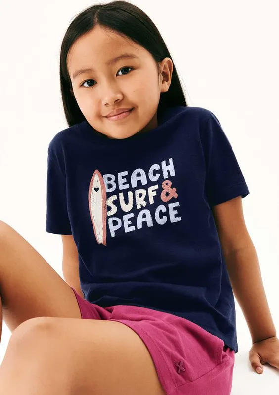 Blusa Infantil Menina Manga Curta Com Estampa - Azul 008
