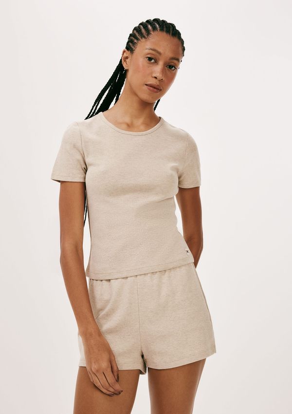 Pijama Curto Feminino Em Ribana Canelada - Bege XP