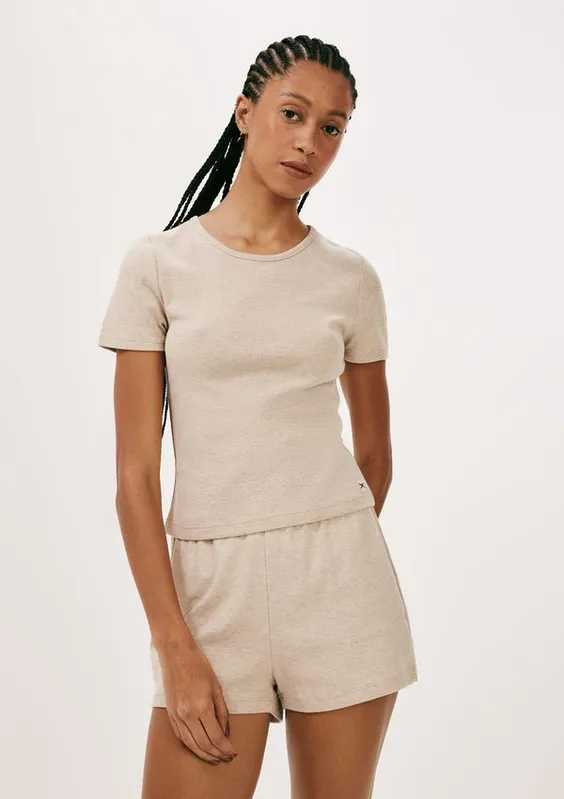 Pijama Curto Feminino Em Ribana Canelada - Bege P