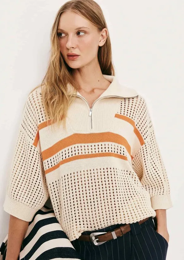 Blusa Polo Feminina Oversized Em Tricô - Off white P