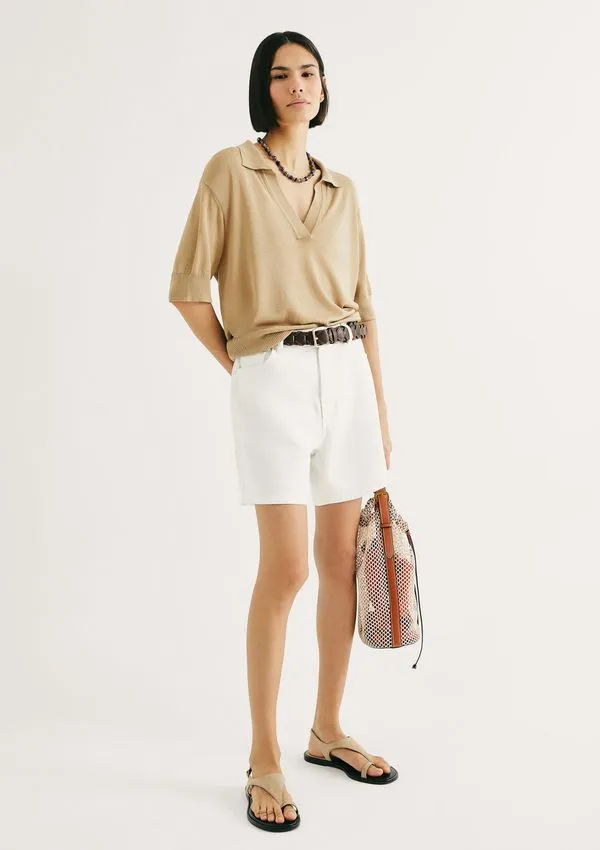 Shorts Básico Feminino Mom Cintura Alta Em Sarja - Branco 044