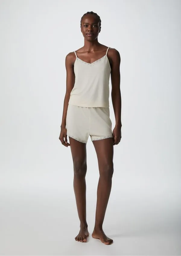 Pijama Curto Feminino Com Renda - Creme P