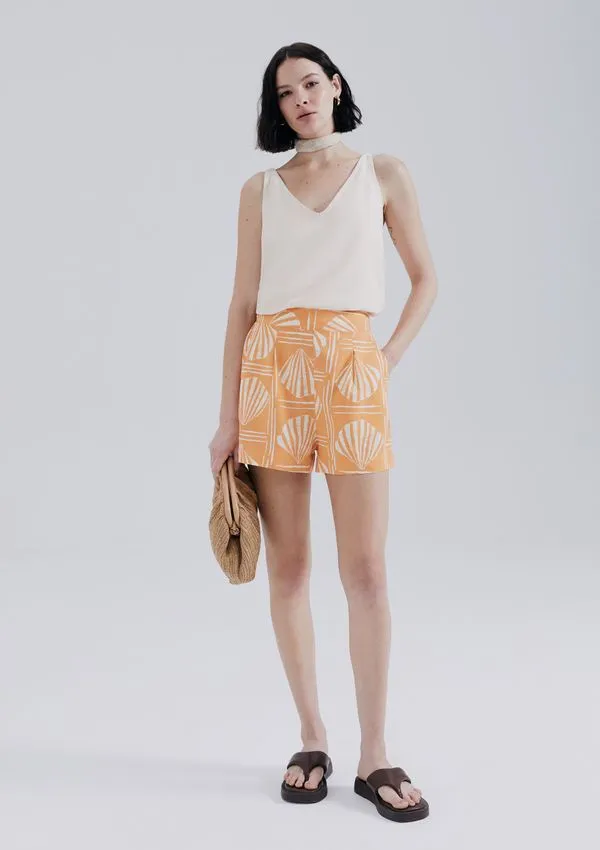 Shorts Feminino Estampado Com Pregas - Laranja G
