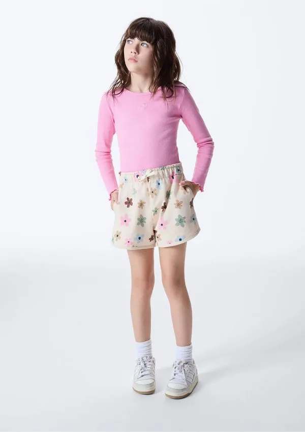 Shorts Infantil Menina Cós Elástico Estampado - Nude 005