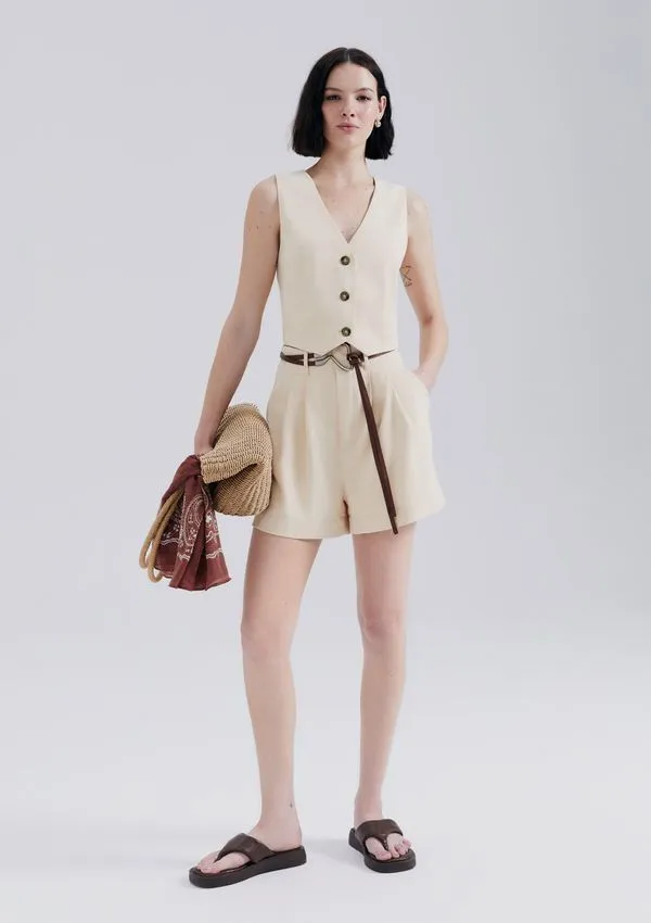 Shorts Feminino Cintura Alta Em Alfaiataria - Creme 040